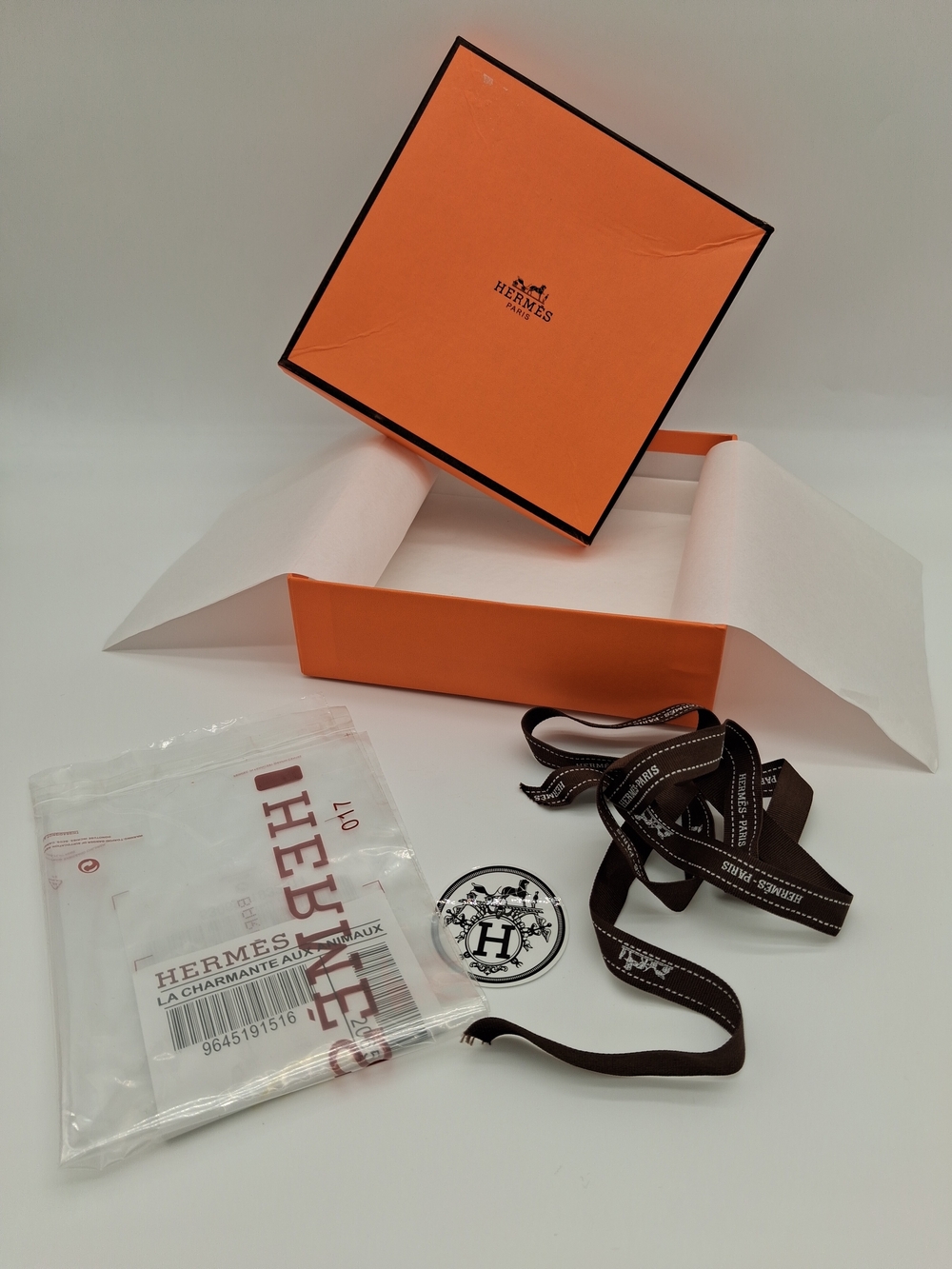 HERMÈS Paris Orange Gift Box 7.5" Brown Ribbon Tissue La Charmante Animaux